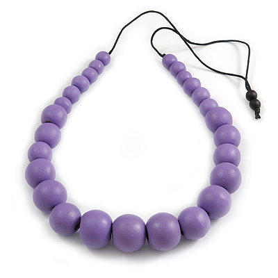 Chunky Lilac Purple Graduated Wood Bead Black Cord Necklace - 84cm Max/ Adjustable - main view