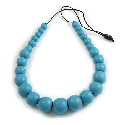 Graduated Light Blue Wood Ball Bead Cord Necklace - 84cm Max/ Adjustable - main view