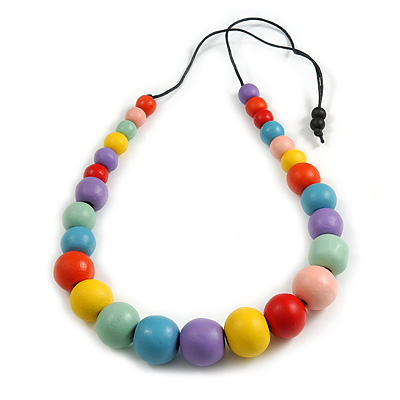 Chunky Multicoloured Graduated Wood Bead Black Cord Necklace - 84cm Max/ Adjustable - main view