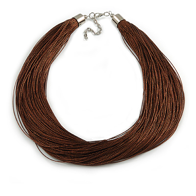 Brown Multistrand Silk Cord Necklace In Silver Tone - 50cm L/ 7cm Ext