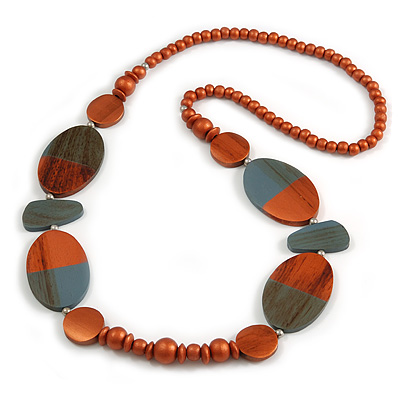 Geometric Painted Wooden Bead Long Necklace in Brown Bronze, Grey - 90cm L