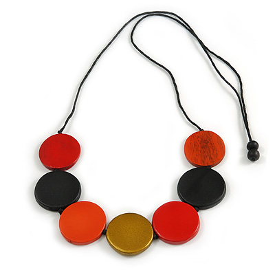 Multicoloured Wood Coin Bead Black Cotton Cord Necklace - 96cm L (Max Length) Adjustable