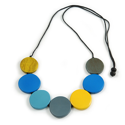 Multicoloured Wood Coin Bead Black Cotton Cord Necklace - 96cm L (Max Length) Adjustable
