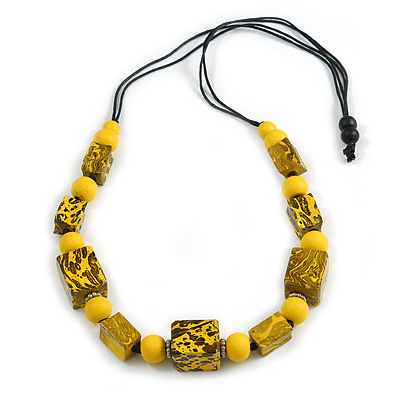 Chunky Yellow with Animal Print Cube and Ball Wood Bead Cord Necklace - 90cm Max