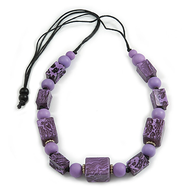 Chunky Purple with Animal Print Cube and Ball Wood Bead Cord Necklace - 90cm Max