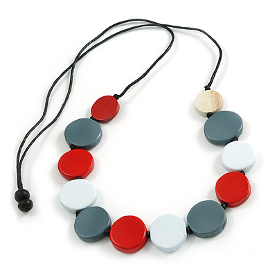 Red/White/Grey Wooden Coin Bead Black Cotton Cord Necklace/ 86cm Max Lenght/ Adjustable