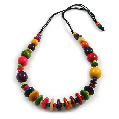 Multicoloured Round and Button Wood Bead Cotton Cord Necklace/ 86cm L/ Adjustable