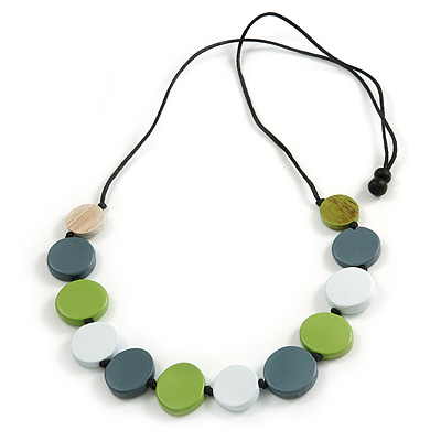 Green/White/Grey Wooden Coin Bead Black Cotton Cord Necklace/ 86cm Max Lenght/ Adjustable