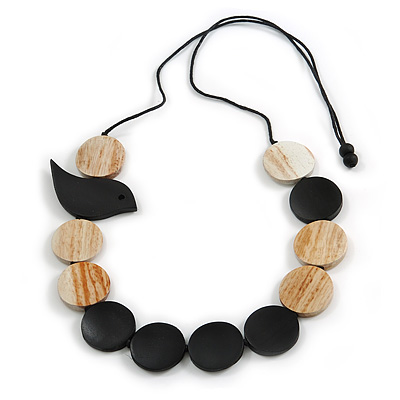 Black/ Antique White Wooden Coin Bead and Bird Black Cotton Cord Long Necklace/ 96cm Max Length/ Adjustable