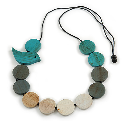 Turquoise/Grey/Antique White Wooden Coin Bead and Bird Black Cotton Cord Long Necklace/ 96cm Max Length/ Adjustable - main view