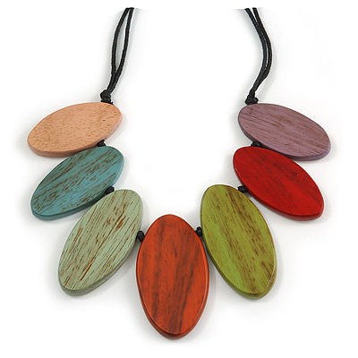 Leaf Painted Multicoloured Wood Bead Cotton Cord Necklace/70cm Max Length/ Adjustable