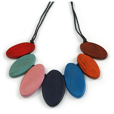 Leaf Painted Multicoloured Wooden Bead Black Cotton Cord Necklace/70cm Max Length/ Adjustable