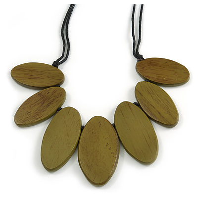 Leaf Painted Olive Green Wood Bead Cotton Cord Necklace/70cm Max Length/ Adjustable - main view