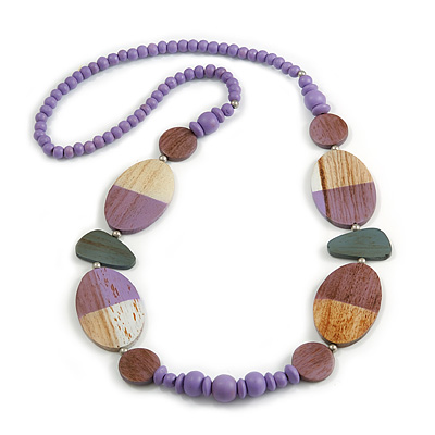 Geometric Painted Wooden Bead Long Necklace in Lilac, Antique White, Grey - 90cm Long