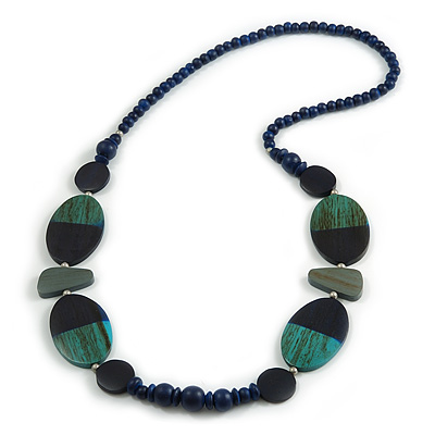 Geometric Painted Wooden Bead Long Necklace in Dark Blue, Teal, Grey - 90cm Long - main view