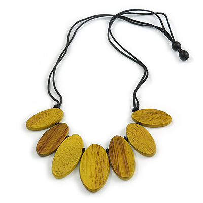 Leaf Painted Antique Yellow Wood Bead Cotton Cord Necklace/70cm Max Length/ Adjustable - main view