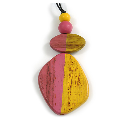 Yellow/Pink Geometric Wood Pendant Black Waxed Cotton Cord - 80cm L Max/ 13cm