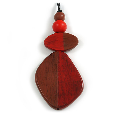 Red/Brown Geometric Wood Pendant Black Waxed Cotton Cord - 80cm L Max/ 13cm - main view