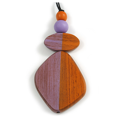 Orange/Lilac Geometric Wood Pendant Black Waxed Cotton Cord - 80cm L Max/ 13cm