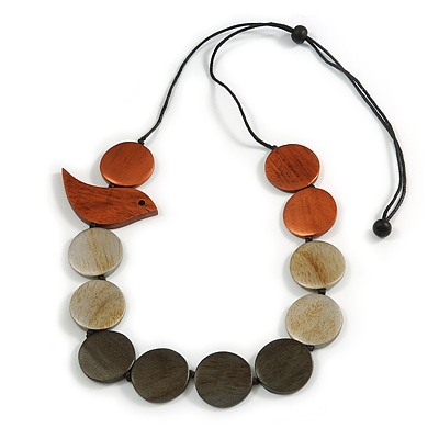Dark Grey/Metallic Silver/Copper Wooden Coin Bead and Bird Black Cotton Cord Long Necklace/ 96cm Max Length/ Adjustable