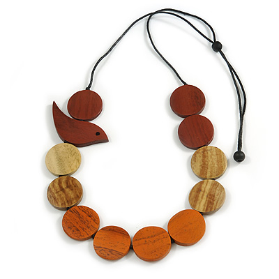 Brown/Natural/Orange Wooden Coin Bead and Bird Black Cotton Cord Long Necklace/ 96cm Max Length/ Adjustable - main view
