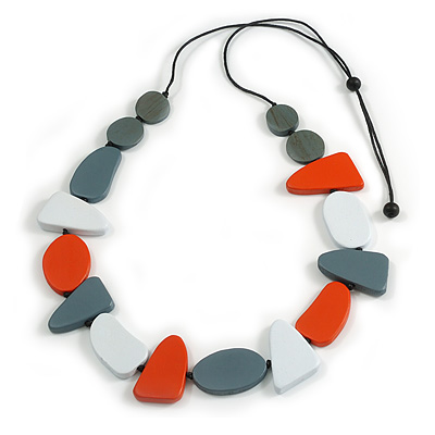 Geometric Wood Bead Black Cotton Cord Long Necklace In Orange/Grey/White/ 110cm L/ Adjustable
