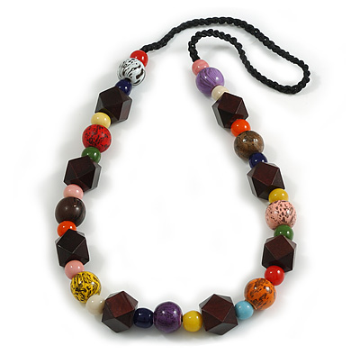 Multicoloured Ceramic/ Wooden Bead Cotton Cord Long Necklace - 82cm Long