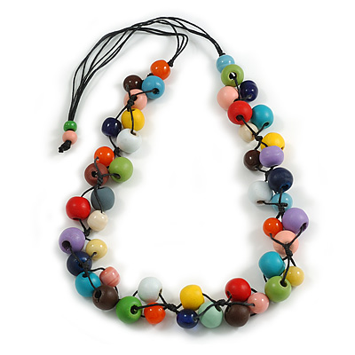 Multicoloured Round Ceramic/ Wood Bead Cotton Cord Necklace - 90cm Max Length Adjustable