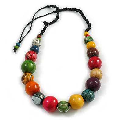 Round Multicoloured Wood Bead Black Cord Necklace - 80cm L Max Length (Adjustable)