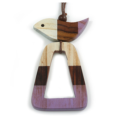 Lilac/Brown/Antique White Bird and Triangular Wooden Pendant Brown Cotton Cord Long Necklace - 90cm L/ 11cm Pendant - main view