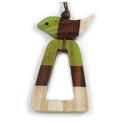 Lime Green/Brown/Antique White Bird and Triangular Wooden Pendant Brown Cotton Cord Long Necklace - 90cm L/ 11cm Pendant
