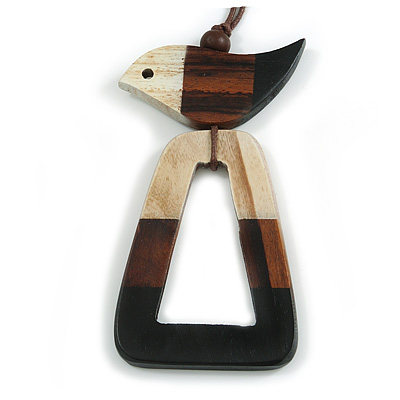 White/Black/Brown Bird and Triangular Wooden Pendant Brown Cotton Cord Long Necklace - 90cm L/ 11cm Pendant - main view