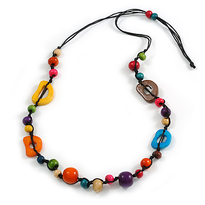Funky Multicoloured Wood Bead Black Cotton Cord Necklace - 80cm Long