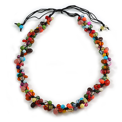 Multicoloured Cluster Glass/ Ceramic Bead Cotton Cord Necklace - 60cm L/ Adjustable
