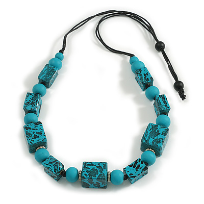 Chunky Turquoise with Animal Print Cube and Ball Wood Bead Cord Necklace - 90cm Max