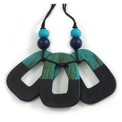 O-Shape Turquoise/Dark Blue Painted Wood Pendant with Black Cotton Cord - 90cm L/ 8cm Pendant