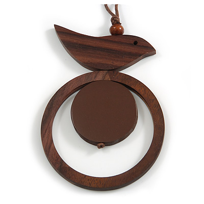 Brown Bird and Circle Wooden Pendant Cotton Cord Long Necklace - 84cm L/ 10cm Pendant