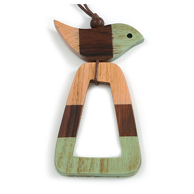 Pink/Brown/Mint Bird and Triangular Wooden Pendant Brown Cotton Cord Long Necklace - 90cm L/ 11cm Pendant