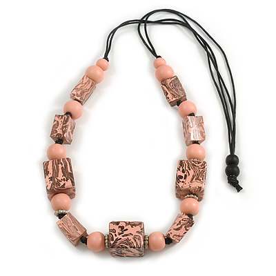 Chunky Pastel Pink with Animal Print Cube and Ball Wood Bead Cord Necklace - 90cm Max