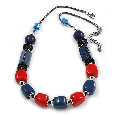 Chunky Blue/ Red Acrylic Bead Black Chain Necklace - 70cm L/ 8cm Ext