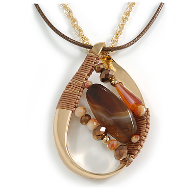 Brown/Orange Glass/Resin Bead Oval Pendant with Brown Cotton Cord/Gold Tone Chain - 42cm L/ 6cm Ext - main view