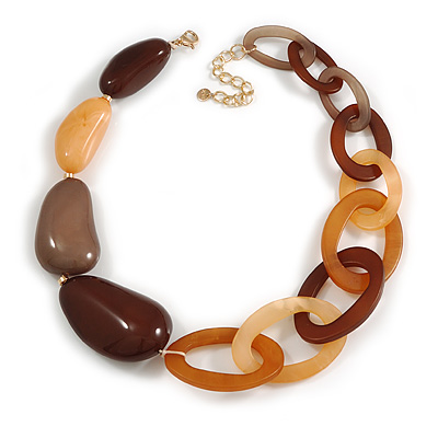 Chunky Acrylic Nugget and Oval Link Necklace in Brown Hues with Gold Tone Closure - 56cm L/ 8cm Ext