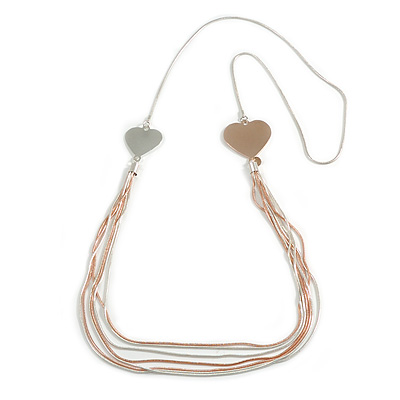 Long Multistrand Chain with Heart Motif Necklace in Silver/ Rose Gold Tone - 106cm L