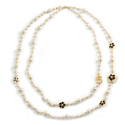 Faux Pearl White Bead With White/Black Enamel Daisy Motif Double Chain Long Necklace in Gold Tone - 86cm L - main view