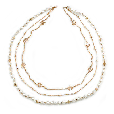 Faux White Pearl Bead Rose Motif Triple Chain Long Layered Necklace in Gold Tone - 82cm L
