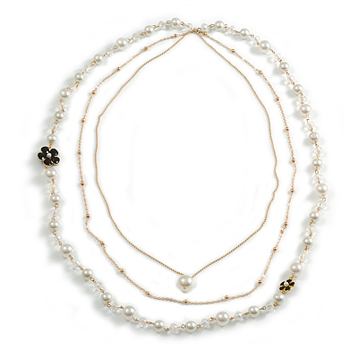 Faux White Pearl Clear Glass Bead With Black Enamel Daisy Motif Triple Chain Long Necklace in Gold Tone - 90cm L