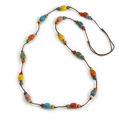 Multicoloured Ceramic Bead Brown Cotton Cord Long Necklace/80cmL/Adjustable/Slight Variation In Colour/Natural Irregularities