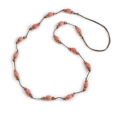 Dusty Pink Ceramic Bead Brown Cotton Cord Long Necklace/80cmL/Adjustable/Slight Variation In Colour/Natural Irregularities - main view