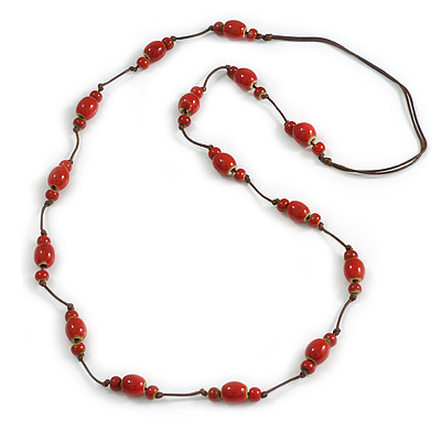 Dusty Red Ceramic Bead Brown Cotton Cord Long Necklace/80cmL/Adjustable/Slight Variation In Colour/Natural Irregularities - main view