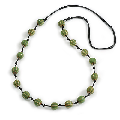 Green Ceramic Bead Black Cotton Cord Long Necklace/86cm L/ Adjustable/Slight Variation In Colour/Natural Irregularities